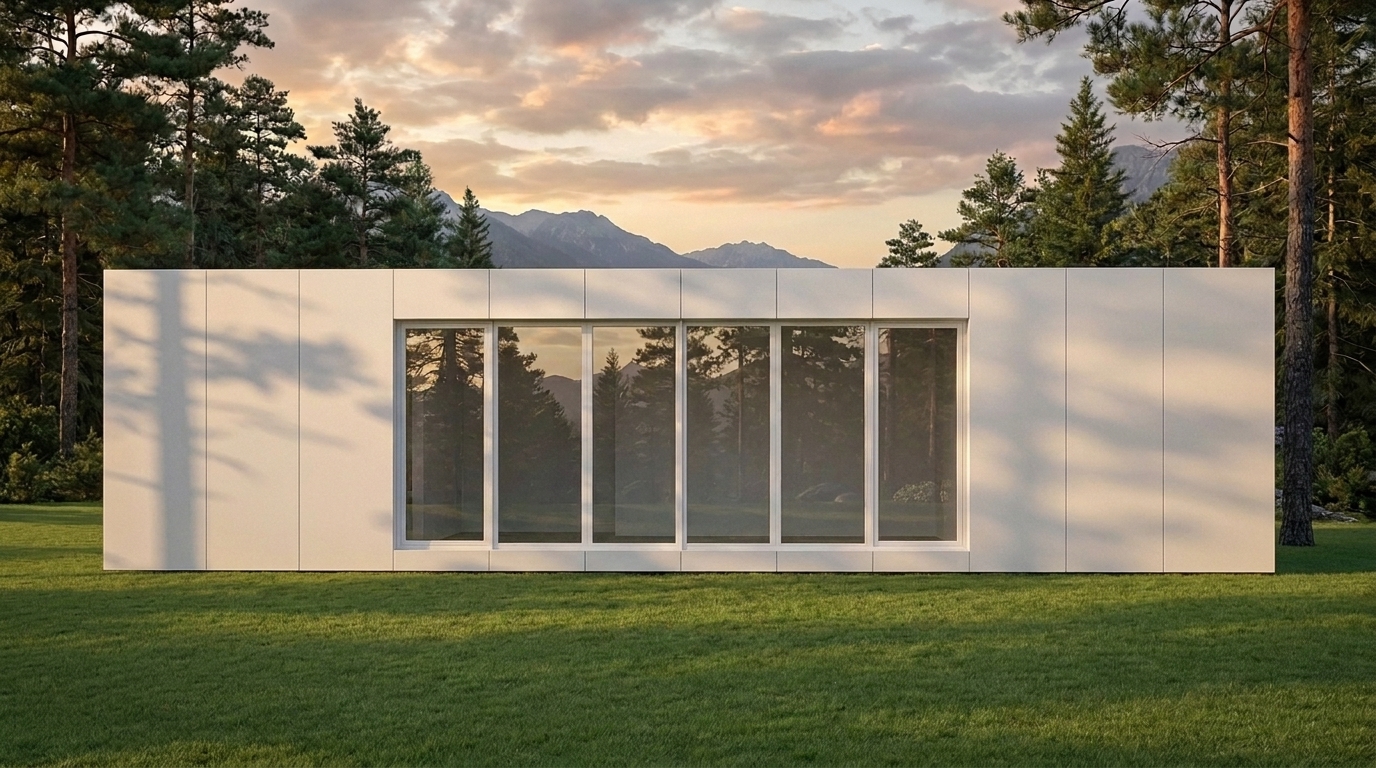 Casa modular lineal de 3E HOUSES con fachada acristalada frente a la montaña