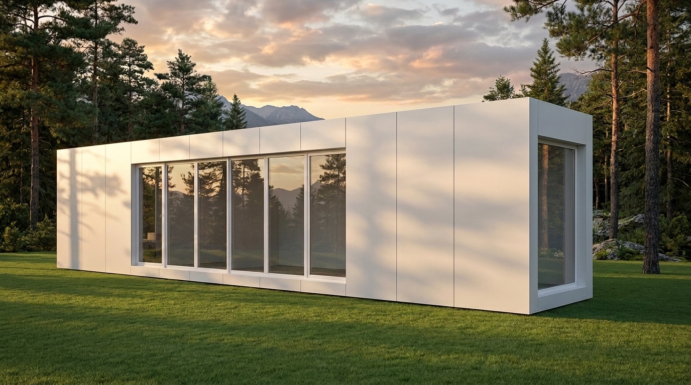 Casa modular Esencia de 3E HOUSES al atardecer en un bosque de pinos